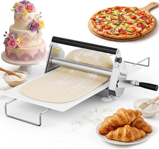 Huanyu Manual Dough Sheeter 12”, 10 Adjustable Thickness 0.1mm-17.5mm, Tool-Free Assembly, for Home Bakers & Small Bakeries, Croissant, Pizza, Pasta, Fondant