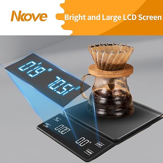 NKOVE Digital Coffee Scale with Timer, 3kg/0.1g High Precision Espresso Scale, Tare Function, 99‘59“ Max Count-Up, 3 Units (g/oz/ml), Battery Powered, Waterproof, Backlit LED for Pour Over & Espresso
