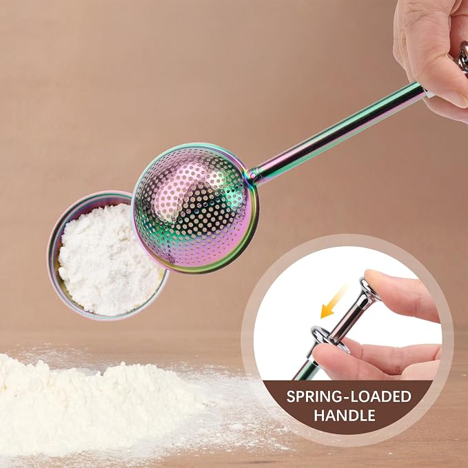 HULISEN Flour Duster for Baking, One-Handed Operation, 304 Stainless Steel Powdered Sugar Shaker Duster, Pick Up and Dust Flour Sifter, Gift Package, Rainbow