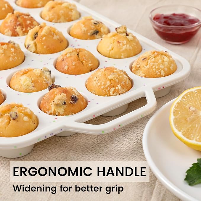 Vinino Mini Muffin Pan with Metal Reinforced Frame-1Pack, Silicone Cupcake Pan for Baking 24 Cup Mini Size, BPA Free Silicone Muffin Tray, Cupcake Baking Pan Molds for Oven Dishwasher Safe-Cream