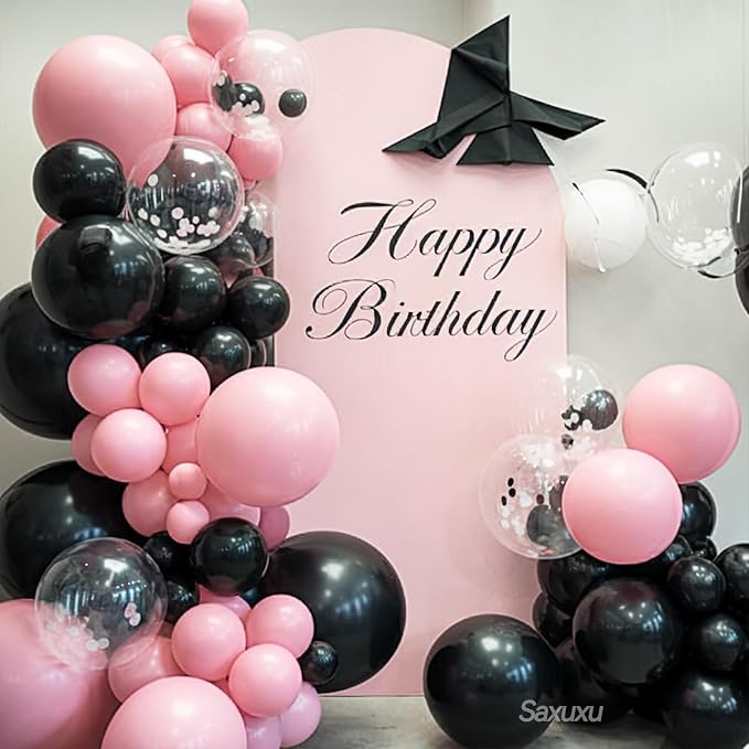 Pink and Black Balloon Arch Kit, Black Pink Balloons Garland Arch Kit, Macaron Heart Latex Balloons, Gold Silver Confetti Balloon For Girl Women Birthday Valentine's Day Mother's Day Party Wedding
