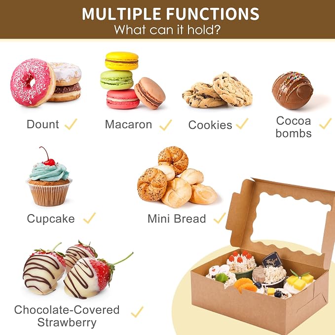 Moretoes 10pcs Bakery Boxes, 9x6x3 Inch Brown Cookie Boxes with Window,Pastry Containers for Chocolate Covered Strawberries, Candy, Muffins, Donuts