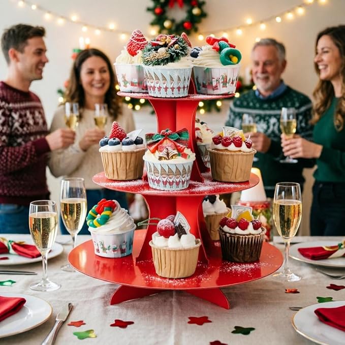 YLDW Cupcake Stand, 3-Tier Cupcake Stand Display, Cardboard Cup Cake Tower Stand, Disposable Dessert Stand for Birthday Tea Party Baby Shower Treat Decorations, Red