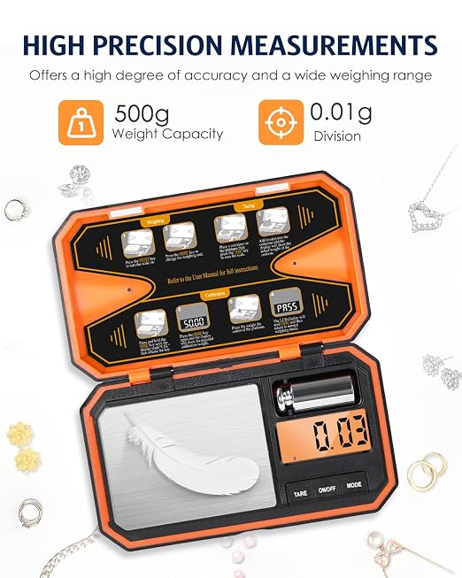 Digital Pocket Scale, High-Precision 500g x 0.01g Gram Scale with 50g Calibration Weight, Mini 6 Units Jewelry Scale with LCD Display, Tare Function for Food, Jewelry, Coin, Coffee, Battery Included