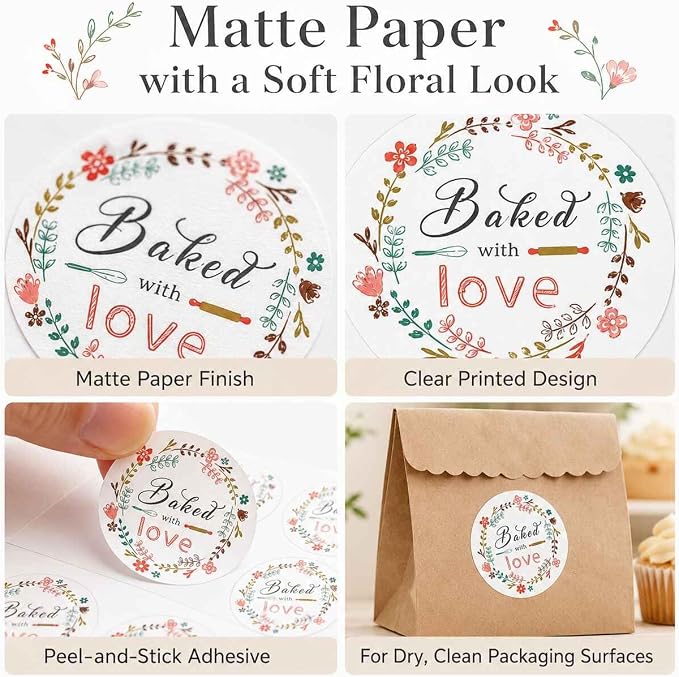 Baked with Love Stickers for Bakery Packaging: Matte Paper Floral Round Labels for Homemade Cookies Bread Cupcakes Treat Bags Small Business Packaging 120 Count 1.6 Inch