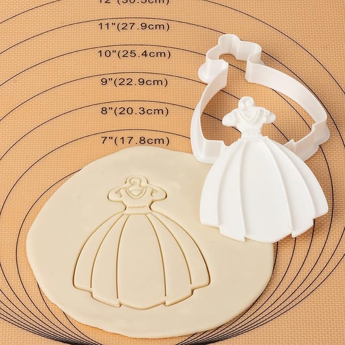 Wedding Cookie Cutters Dress Shapes with 3D Stamper Eco-Friendly PLA Kitchen Cake Decorating Bridal Shower Gifts for Kids 4" Baking Embossing Stamps Mold Supplies Biscuit Fondant Tools