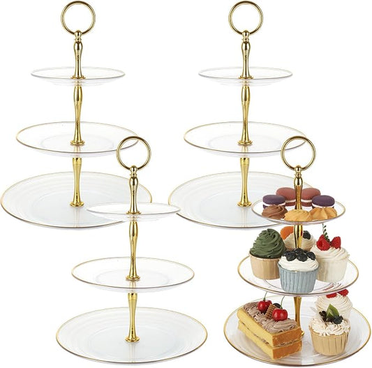 SENENQU 4 Pack 3 Tier Cupcake Stand, Tiered Serving Cake Stand, Transparent Plastic Dessert Stand, Weddings Parties Pastry Serving Tray (Clear Plate with Gold Rim)