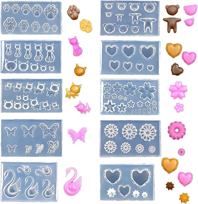 CoolDIY 3D Multipurpose Mini Silicone Mould Set: Heart, Cat, Bear, Cherry Blossom, Multiple Designs - Perfect for Clay Crafts, Nail Art Decor (10Pcs Group2)