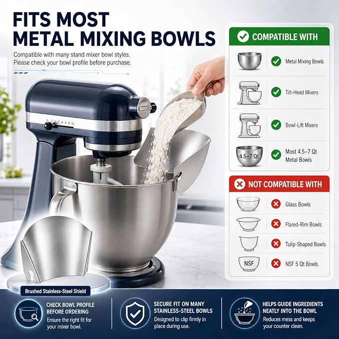 Stainless Steel Pouring Chute with Splash Guard Bowl Lid Combo, Replacement Accessories Fit KitchenAid 4.5-5 Quart Tilt Head Stand Mixer,Anti-Spill Bowl Cover & No-Mess Pour Guide Mixer Attachments