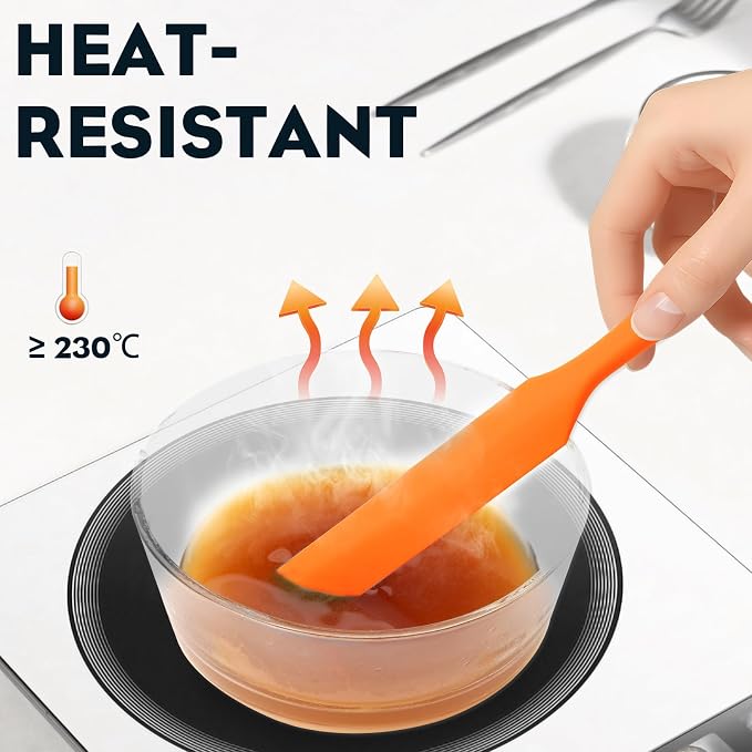 3pcs Silicone Jar Spatulas 10in Long Skinny Heat-Resistant, Narrow Spatula Set for Scraping Peanut Butter, Sourdough, Jam in Small Containers, Blenders & Baking (Black & Red & Orange)