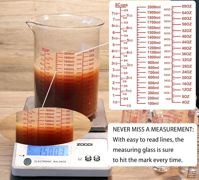 3 Piece Glass Measuring Cup Set, Includes 2-Cup, 4-Cup, and 8-Cup High Borosilicate Glasss Liquid Measuring Cups, Dishwasher, Freezer, Microwave, and Preheated Oven Safe, Essential Kitchen Tools