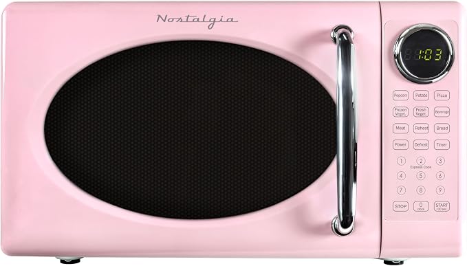 Nostalgia Retro Microwave Oven - 0.7 Cu Ft, 700-Watt Countertop Size with Glass Turntable, Child Safety Lock, 8 Auto-Cook Programs, Digital Clock - Pink