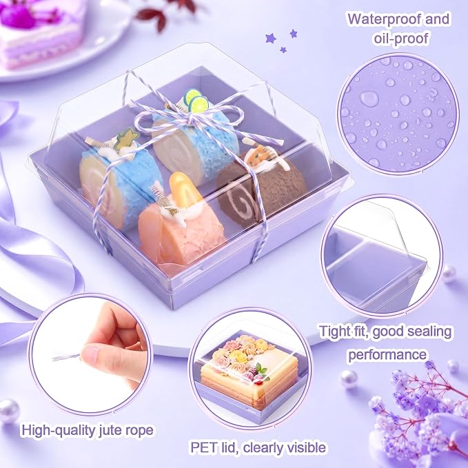Jetec 150 Pack Charcuterie Boxes with Clear Lids and Rope 4 Inches Cake Disposable Square Dessert Food Box Containers with Lids for Bakery Macaron Cookies Strawberries Fruits Display (Light Purple)
