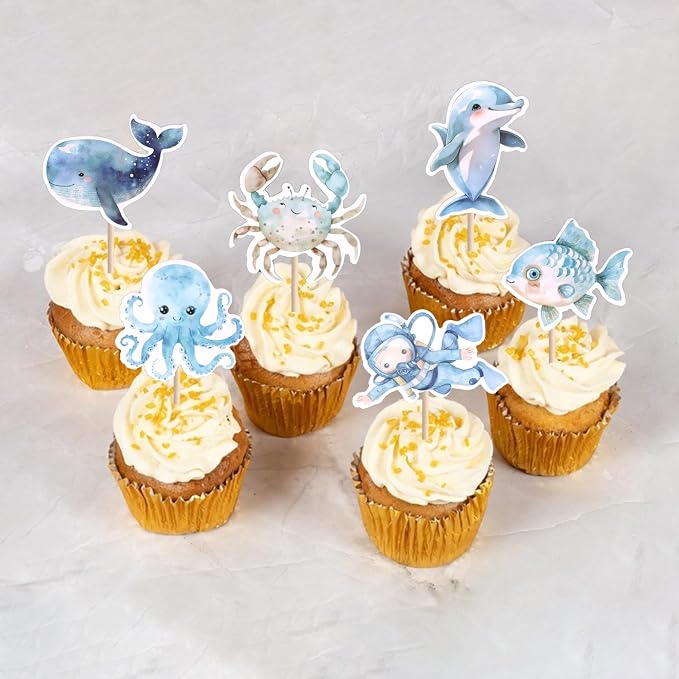 40 PCS Ocean Sea Animal Cupcake Toppers Shark Dolphin Starfish Octopus Seahorse Cupcake Picks Under the Sea Baby Shower Decorations for Under the Sea Theme Birthday Party Cake Decoration Supplies