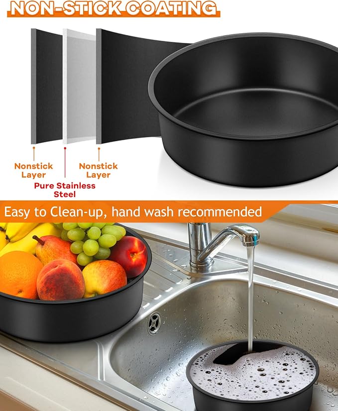 TeamFar Cake Pan, 4'' / 6''/ 8'' Round Baking Tier Pan Set, with Non-Stick Coating Stainless Steel Core, for Steaming Serving, Healthy & Heavy-Duty, Release Easily & Easy Clean, Set of 3, Black