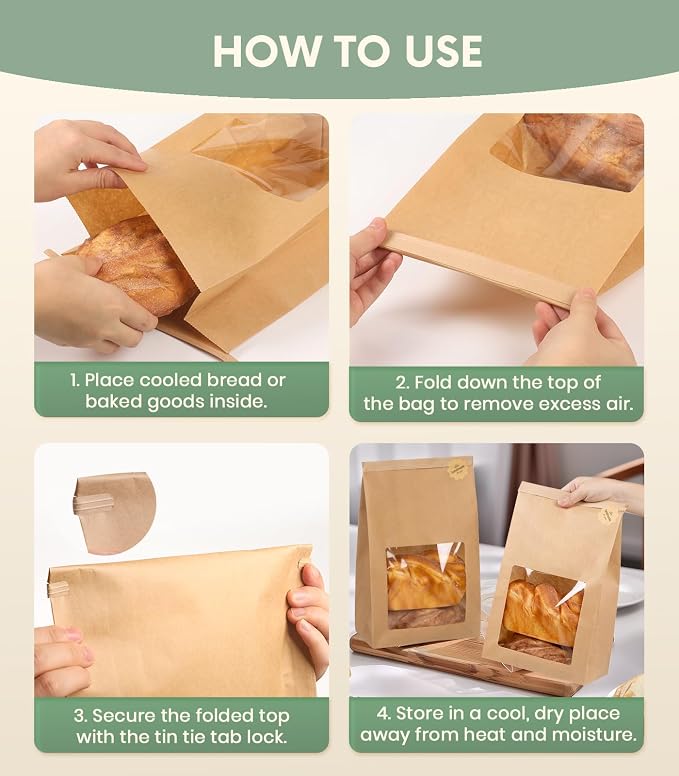 100 Pack Large Thick Brown Kraft Paper Boule Bread Bags for Homemade Sourdough Round Artisan Loaf Gifting, Packaging and Storage to Keep Fresh with Window and Wire Tin Tie Tab Closure, 13.6x8.3x4.1in