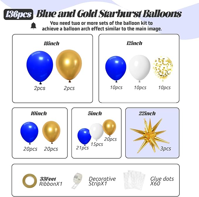FOTIOMRG 136pcs Royal Blue and Gold Balloons Arch Garland Kit with Star Foil Balloons, 5 10 12 18 inch Navy Blue White and Gold Balloon for Anniversary Wedding New Year Birthday Party Decorations