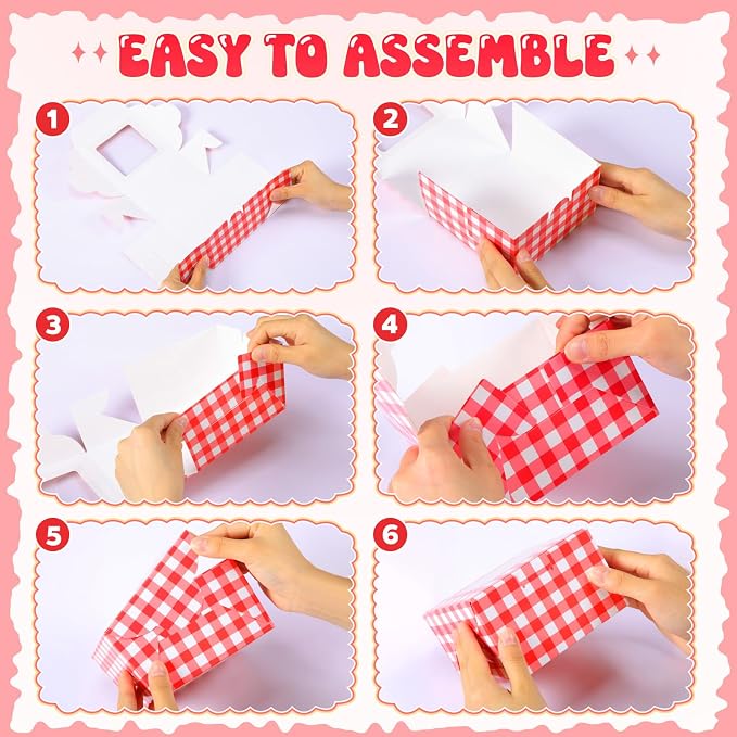 50 Pack Red Gingham Cookie Boxes with Window, Small Plaid Bakery Treat Boxes for Pastry Donuts Macaroon Cupcakes, Wedding Bridal Baby Shower Birthday Party Favors