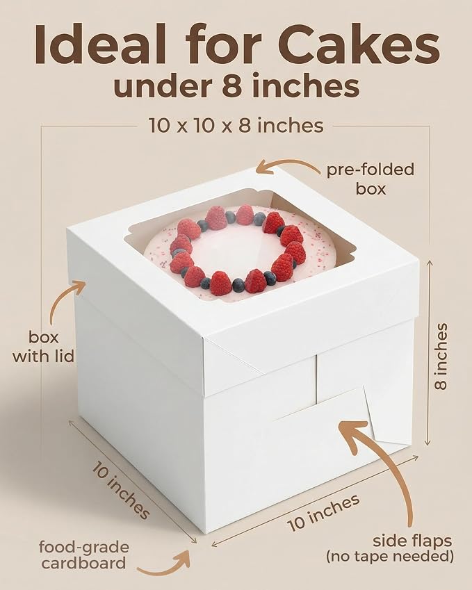 10x10x8 Bulk 15 Pcs Tall Multi-Layer Cake Boxes 10 Inch with Window Clear Bakery Box Square White Large Disposable Pie Boxes Package for Bake Decorating Supplies Pastry Box (80 Pcs Stickers)