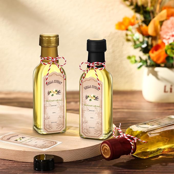 Tioncy 12 Pcs Vanilla Extract Bottles for Homemade Vanilla Jar Glass Square Bottle with Cap Shrink Band Sticker Syrup Food Storage Canister for Liquids Bean Sauce Spice Gift Giving(Mixing,5 oz)