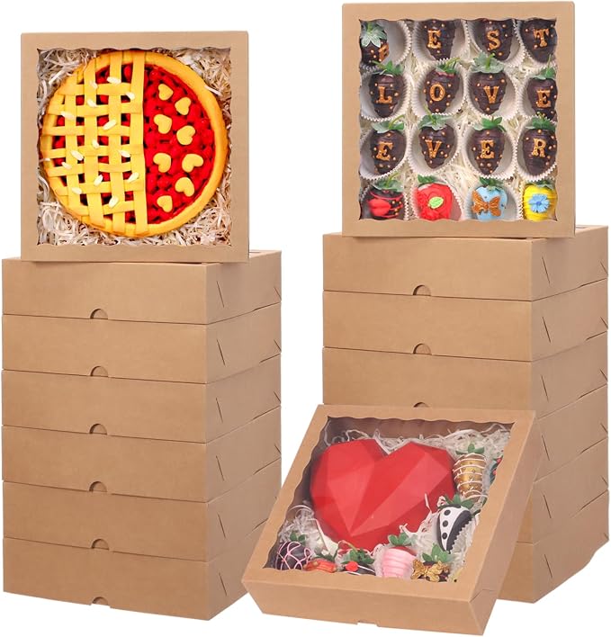 TEMLQPACK 25pcs 9x9x2.5 Inches Brown Bakery Boxes with Window for Cookies, Macaron, Chocolate Covered Strawberries, Mini Cake, Truffle, Brownie, Donut, Small Treat
