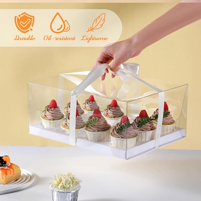 JCD 8 Pack Clear Cupcake Boxes,5.5inches height 12 Counts Cupcake Containers with Gift Ribbon,Bento Boxes with Clear Lid for 12 Cupcakes for Treat Dessert Cookies Muffins Pastry Party (12count/8pcs)