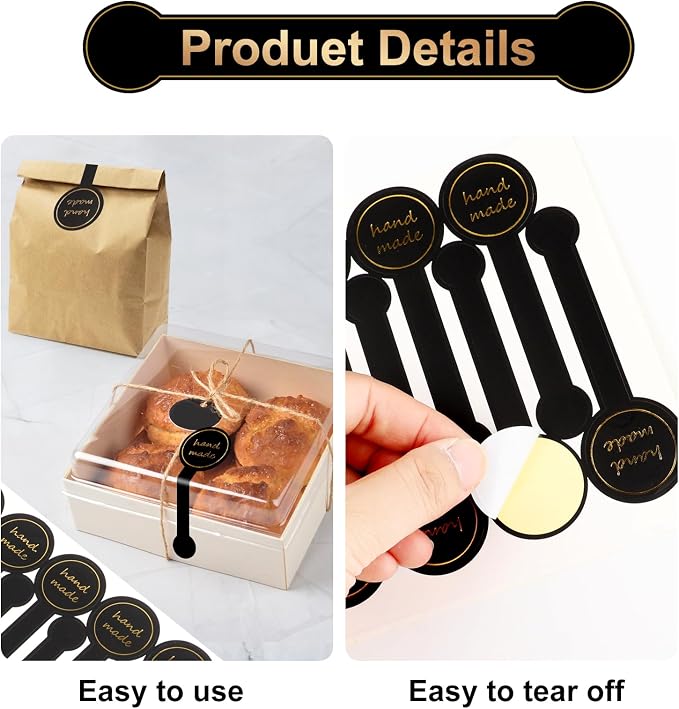 400Pcs Handmade Food Baking Seal Stickers Labels,Black Long Label Bakery Stickers with Gold Foil,Self-Adhesive Goods Bakery Sticker Sealing Tamper-Proof Sticker for Pastry Bags Lollipops Candy Cake