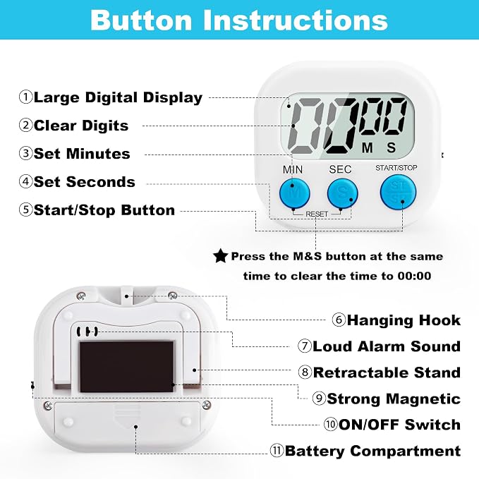 6 Pack Digital Kitchen Timer Multi-Function Magnetic Timers Classroom Timer for Kids Loud Alarm Big LCD Display Electronic Count Up Countdown Timers for Cooking, Classroom, Exercise, Study, Meeting