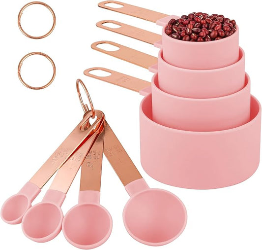 8-Piece Stackable Rose Gold Stainless Steel Handled Measuring Cups and Spoons for Measuring Dry and Liquid Ingredients (Pink)