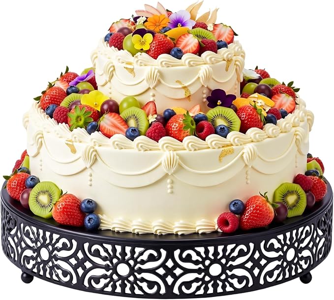 Wenqik 14 Inch Cake Stand Round Metal Cupcake Dessert Wedding Cake Stand Cookies Display Holder Fruit Food Serving Tray for Table Wedding Birthday Anniversary Party Decor (Black)