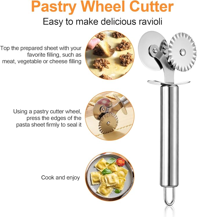 Double Wheel Pastry Cutter,Ravioli Pasta Cutter Wheel | Pie Cutter, Stainless Steel Dual-Head Baking Tool for Pizza, Noodles, Ergonomic Handle, Easy to Use & Clean
