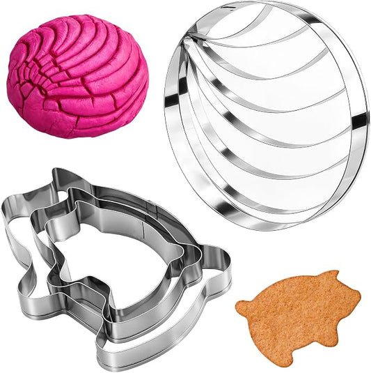 4PCS Mexican Bread Concha Cutter & Pig Cookie Cutter Set - Includes Stainless Steel Concha Stamp Mold and Fun Durable Cookie Stamps for Baking Cookies - Perfect Donut Biscuit Cutters Baking Supplies