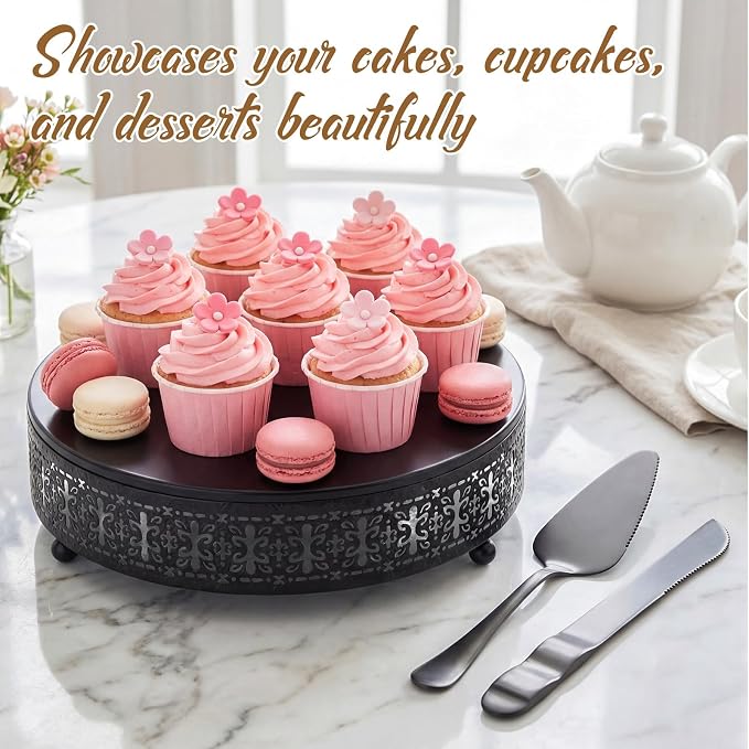 Wenqik Black Cake Stand 12 Inch Metal Round Wedding Cake Stand with Cutting & Spatula Cupcake Dessert Cookies Display Holder Fruit Serving Tray for Wedding Birthday Anniversary Party