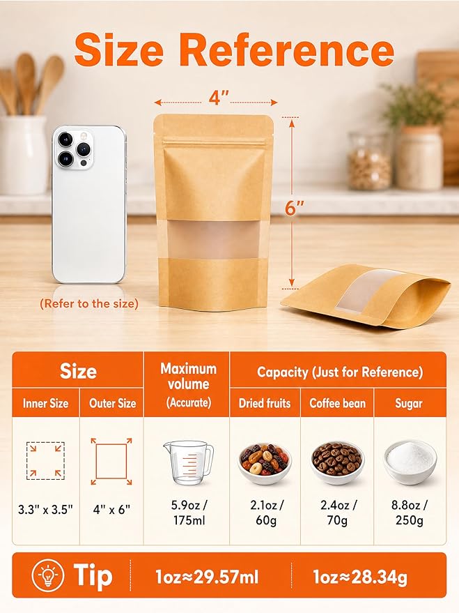 100 Pcs Kraft Paper Bags with Window, 4" x 6" Stand Up Pouches Bags, Food Storage Bags for Packaging Products, Reusable, Sealable