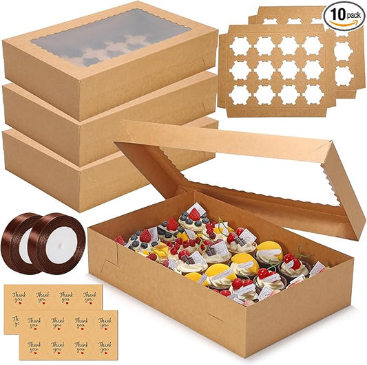 10 Pack 24 Count Standard Cupcake Boxes with Window & Inserts Brown | Cupcake Containers Bakery Box for Standard Muffins, Pastry Dessert for Birthday Party, Wedding, Baby Shower-17.5x11.5x4 Inch