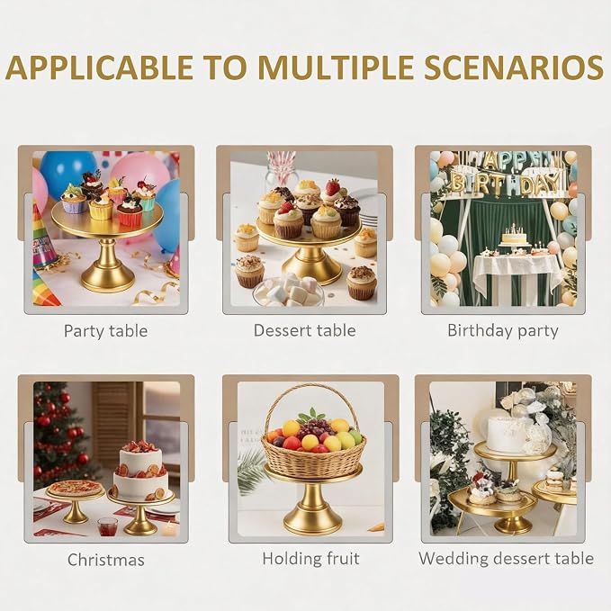 3 Pack Gold Cake Stand, 8 10 12 Inch Tiered Display | Metal build, Pedestal base, Dessert table, Wedding reception, Birthday party, Baby shower, Candy bar, Buffet setup