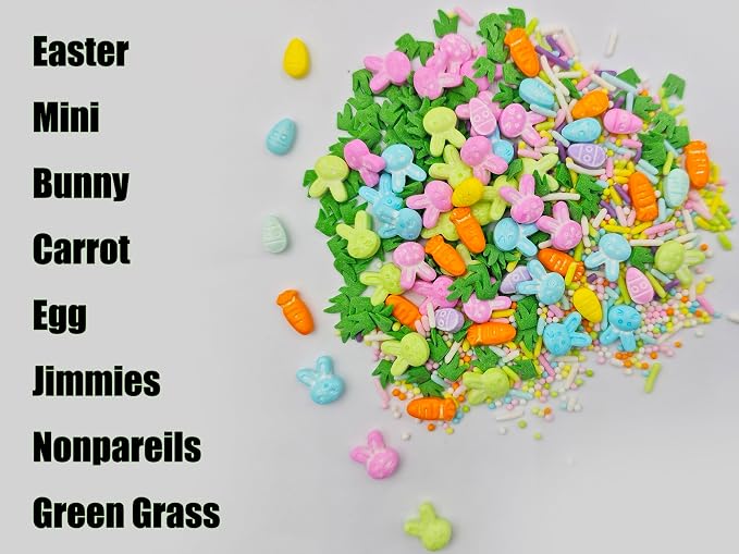 Edible Easter Sprinkles, Pastel Sprinkles Mixed with Mini Bunny Carrot Egg Jimmies Nonpareils Green Grass for Ice Cream Cupcakes Cookies Topping Cake Decorating, 4.23 oz