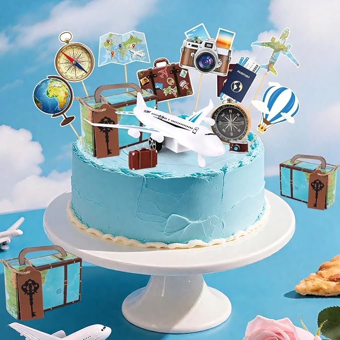 Hooqict 34 Pcs Travel Birthday Cake Topper with Mini Suitcase, Globe, Map, Airplane Cake Decorations for Travel Themed Party Decorations Let The Adventure Begin Around the World Party Supplies