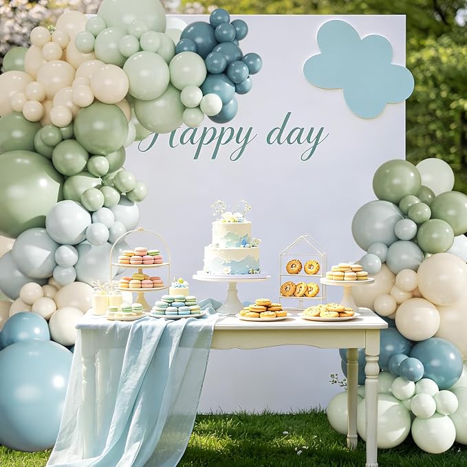 Sage Green Dusty Blue Balloon Arch Kit 124Pcs blue Green Light Green Sand White Balloons for Baby Shower Bridal Shower Anniversary Birthday Party Decorations
