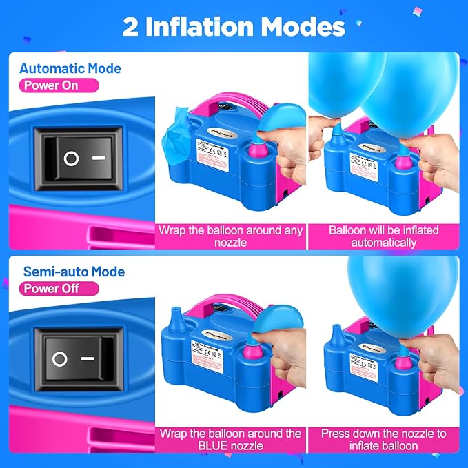FLSEPAMB Balloon Pump, Electric Balloon Pump, Portable Dual Nozzle 110V 600W Electric Balloon Blower, Balloon Pump for Party Decorations with Tying Tool, Colored Ribbons