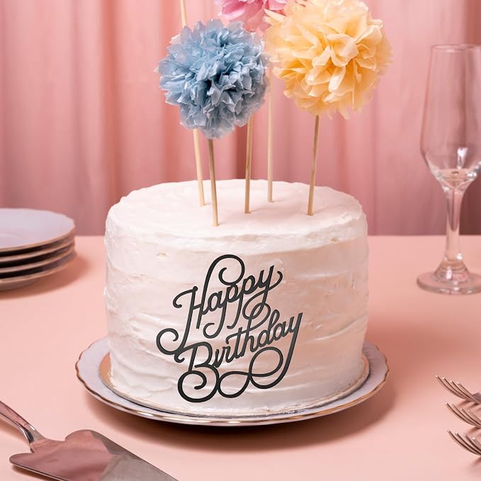 6 PCS Happy Birthday Side Cake Toppers Black Mirror Side Cake Toppers DIY Acrylic Glitter Cake Inserts Celebration Birthday Party Event Cupcake Decorations(Black)（Need to remove the protective film）