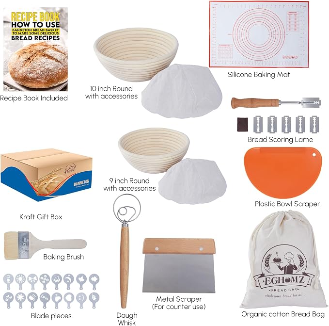 17 Pieces Banneton Bread Proofing Basket Set - 9 and 10 inch Round Sourdough Bread Proofing Baskets - A Complete Bread Making Kit, Danish Whisk, Bowl Scraper, Dough Scraper, & Bread Lame
