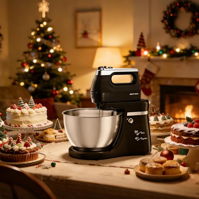4.8QT 2-in-1 Stand Mixer, Electric Kitchen Mixer with Auto-Rotating Bowl & Tilt-Head, 5-Speed 250W Turbo Baking Machine for Beginners with Beater & Dough Hook for Cookie, Bread, Cake (Black)
