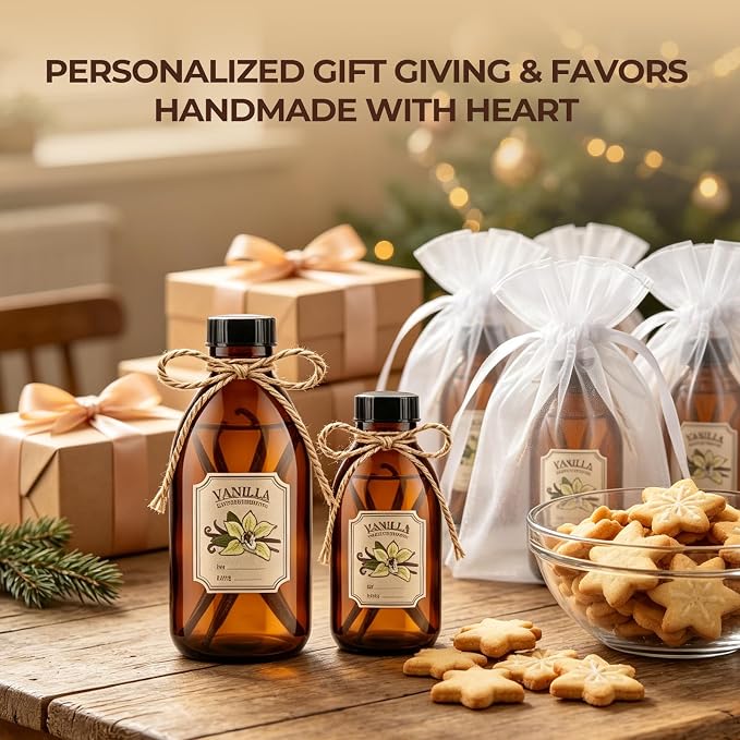 8 Pack 4 OZ Amber Glass Bottles with Lids, Vanilla Extract Bottles Empty Boston Glass Bottles for Homemade Vanilla Extract, Essential Oils, Juice, Potion, Syrup, Liquids, Christmas Gift