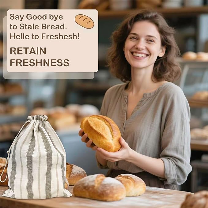 [2 PACK] Bread bags for Homemade Loaves, Large Reusable Linen with TPU Lining, BPA-Free, Food-Grade Cloth Storage Bags with Freezer