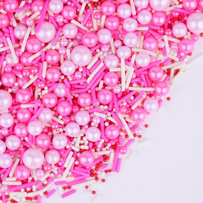 Pink Sprinkles for Cake Decorating 4.6 oz Pink Pearl Jimmies Nonpareils Sprinkles for Baking, Cupcake, Ice Cream, Candy, Cookie Decorations Princess Bridal Shower Wedding Party