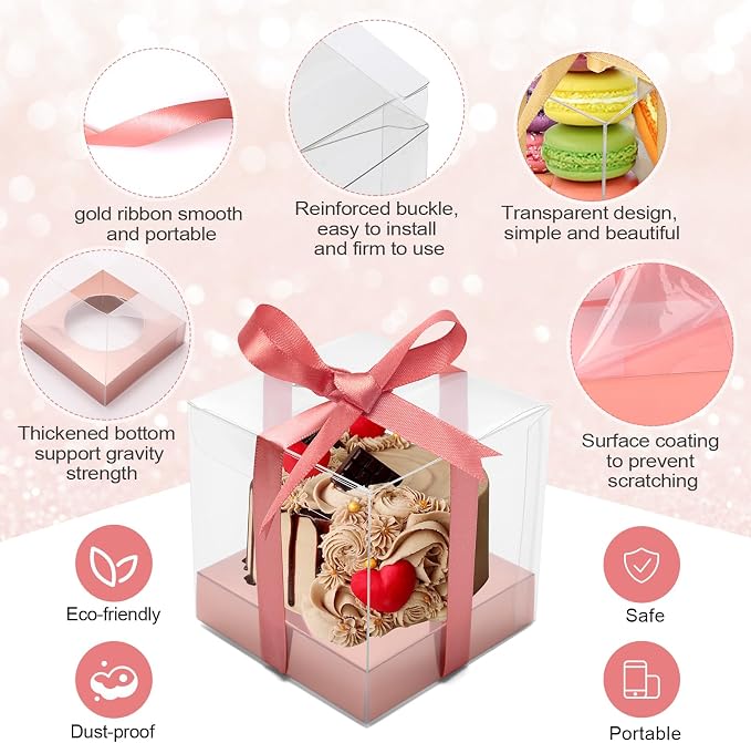 12 Pack Clear Plastic Cupcake Boxes, 3.5 Inch Gold Single Cupcake Containers Disposable Individual Cup Cake Carrier Holder Boxes with Inserts and Ribbon (Rose gold)