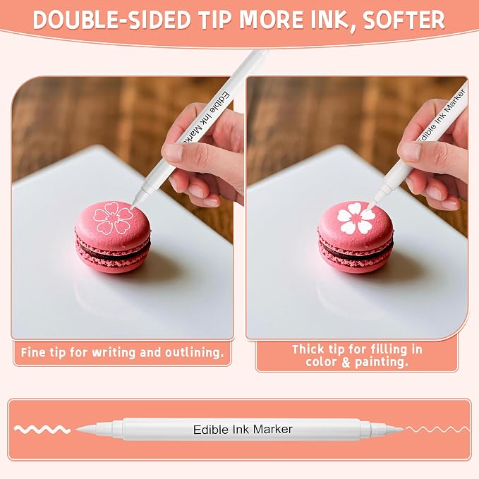 Food Coloring Markers Edible White Ink Pen Double Sided Extra Fine Tip Edible Markers for Fondant Cookie Cake Chocolate Decorating - Set of 3