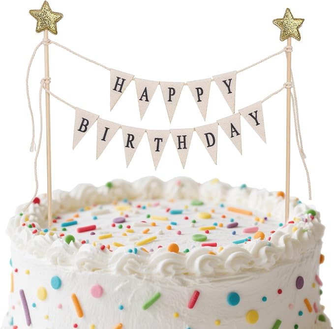 Happy Birthday Flag Banner Cake Topper, Handmade Pennant & Star Garland Birthday Cake Flag Decoration for Party Decorations Supplies
