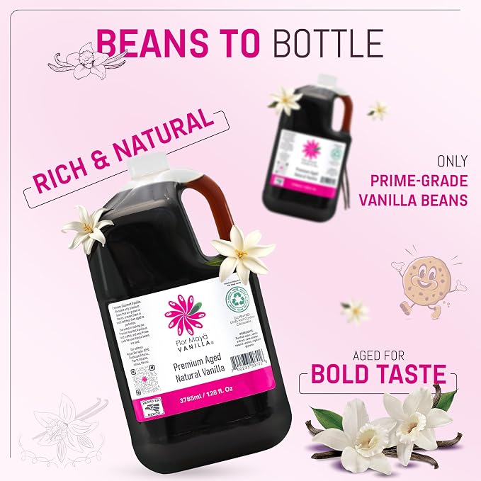 Flor Maya Vanilla Extract – Premium Aged Blend Made with Mexican Vanilla Beans | Gourmet Vanilla Bean Extract for Baking, Cooking & Desserts | Gluten Free, Non-GMO, No Coumarin | 128 fl oz